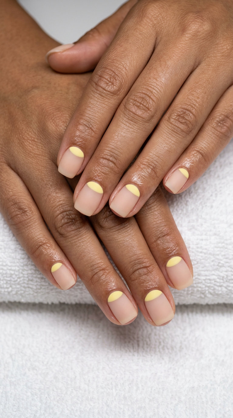 Sheer nude base with matte butter yellow reverse French tip for summer matte nails 2026. Casual outing style.