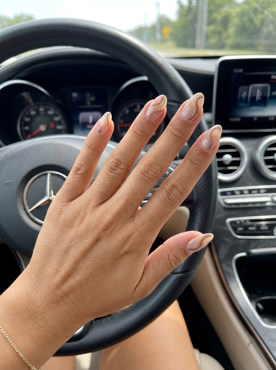 Bohemian Nude Swirl Almond nails for summer medium nails 2026. Relaxed vacation style.