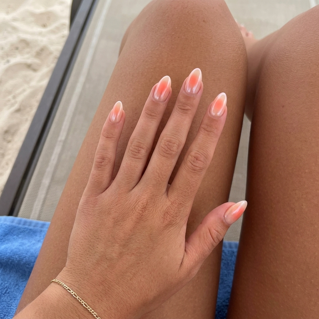 Summer medium nails 2026: Sun-kissed coral aura almond with sheer nude base and gold shimmer for beach days.