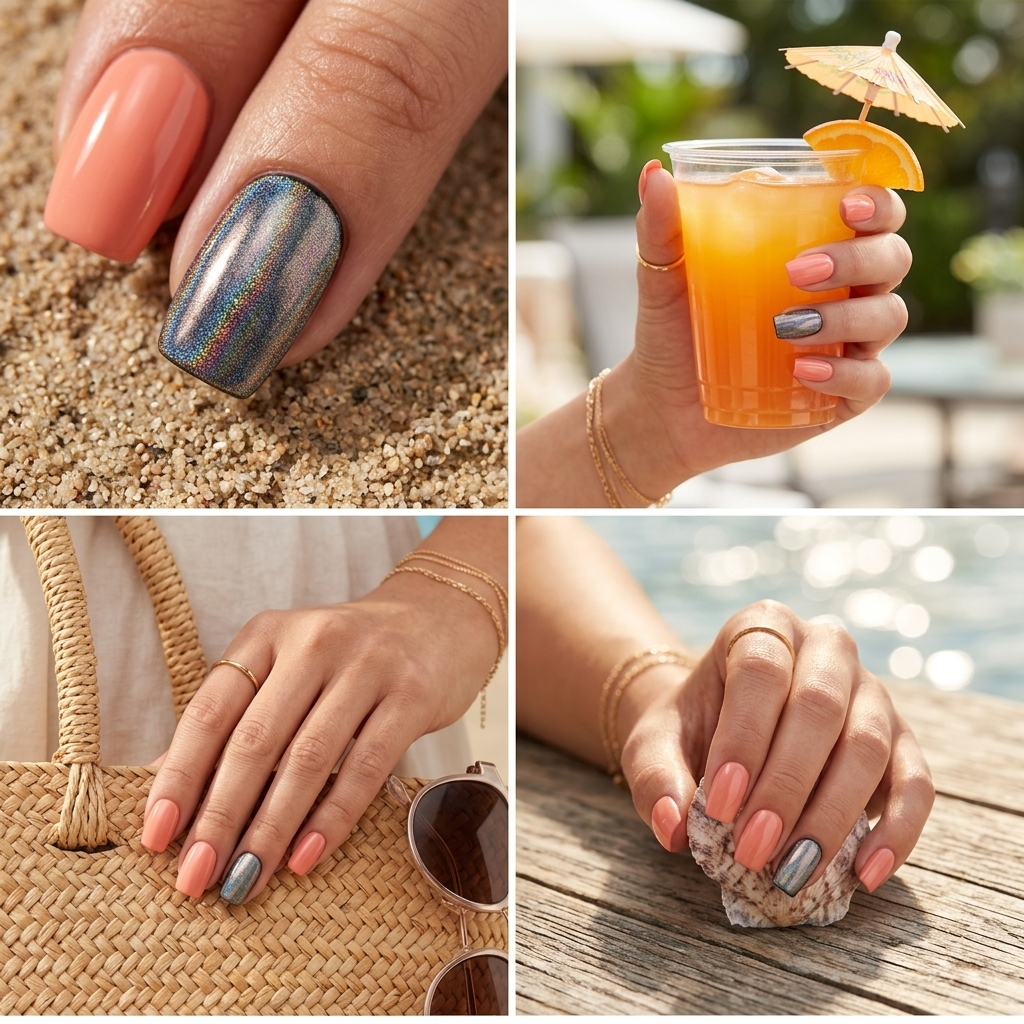 Summer medium nails 2026: Glamorous coral chrome accent on medium almond nails for parties and vacations.