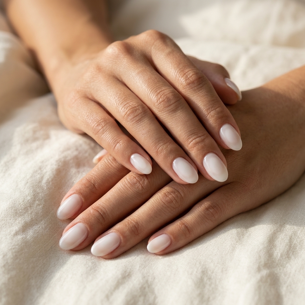 Ethereal White Aura Oval nails for summer medium nails 2026. Whimsical and clean-girl style.