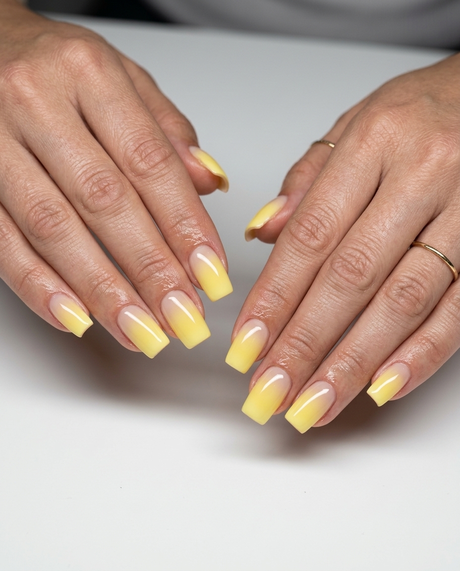 Dreamy butter yellow 'golden hour' aura gradient on medium square nails for summer 2026.