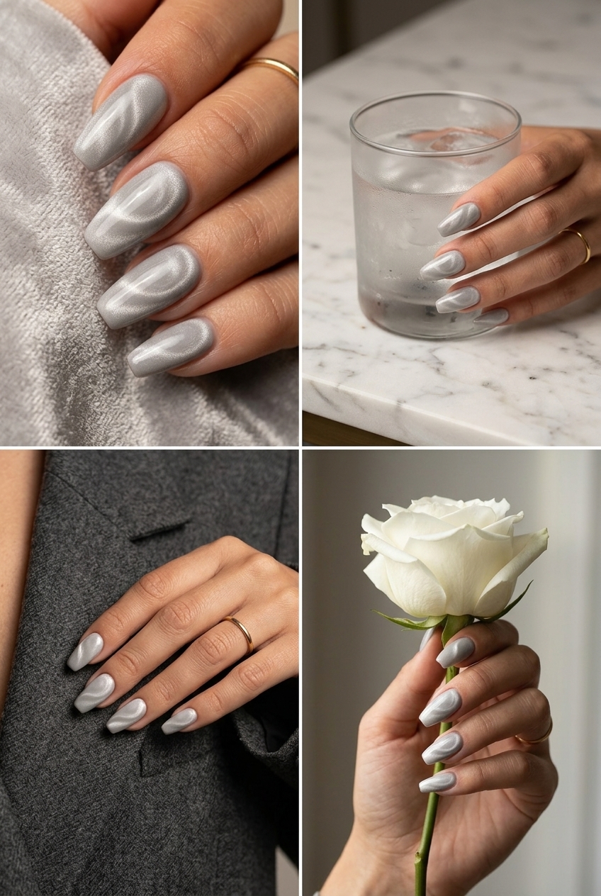 Summer medium nails 2026: Luxurious grey velvet swirl coffin with deep charcoal accents for formal events.