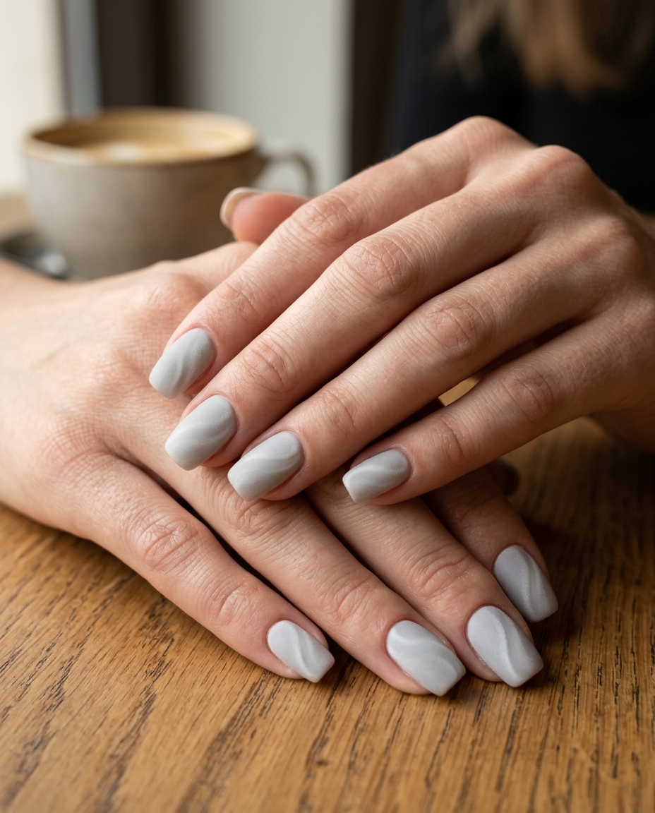 Mysterious light grey velvet swirl medium coffin nails with deep grey cat eye for summer 2026.