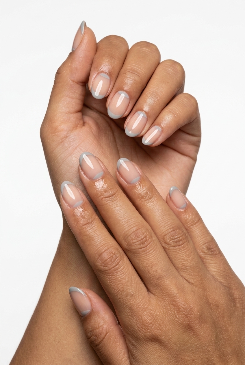 Modern Grey Reverse French nails for summer medium nails 2026. Sheer nude base with light grey cuticle accent.