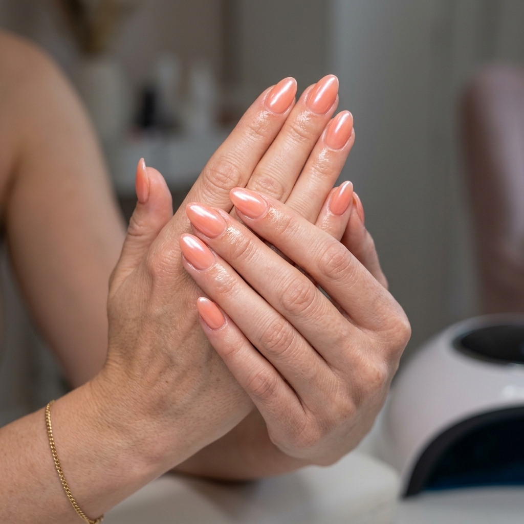 Soft Coral Glazed Donut Almond nails for summer medium nails 2026. Glamorous vacation style.