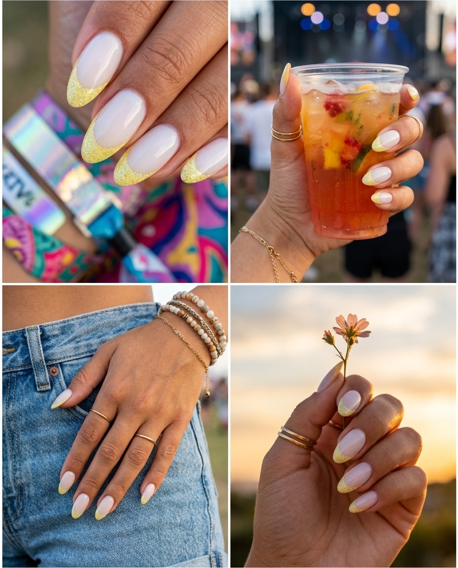 Sparkling Butter Yellow French nails for summer medium nails 2026. Glitter tips on a sheer white base.