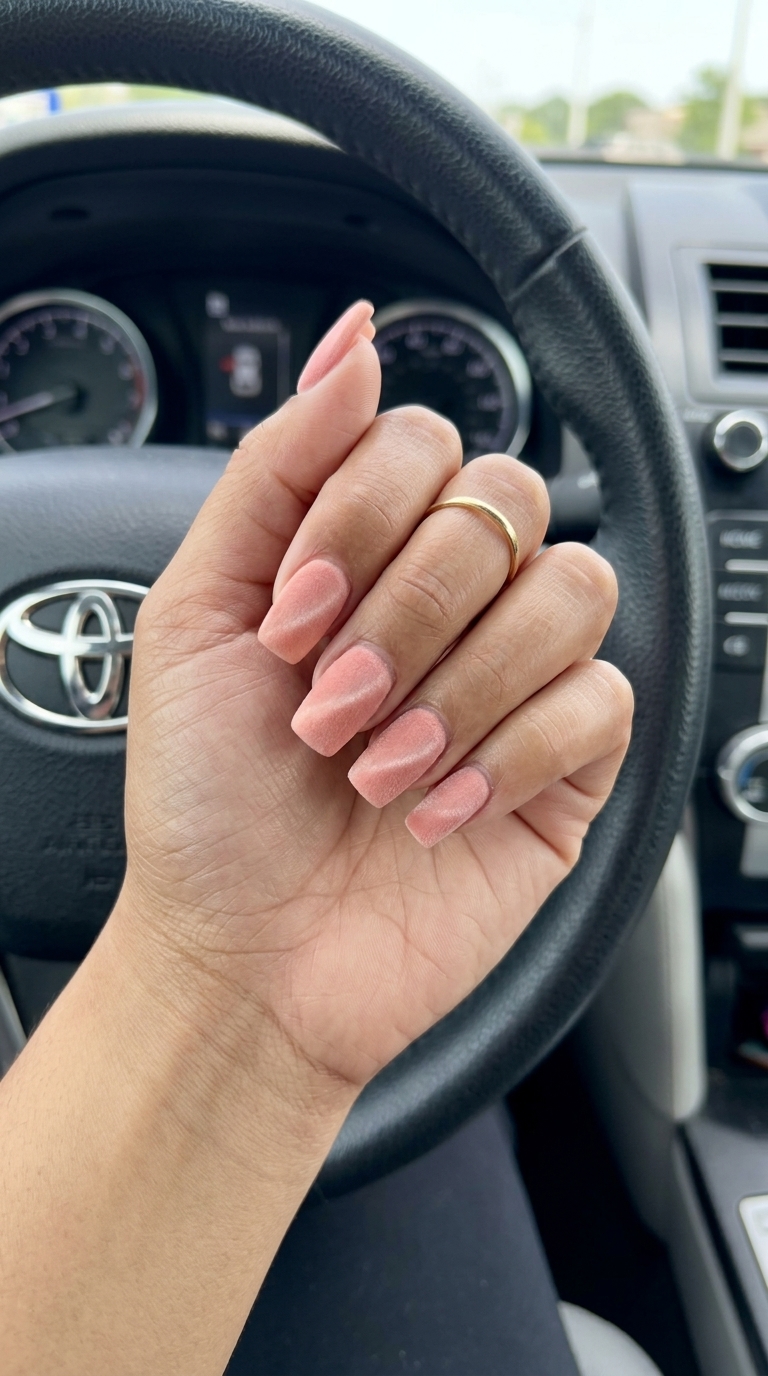 Sophisticated velvet peach medium square nails with a deep, dimensional cat-eye effect for summer 2026.