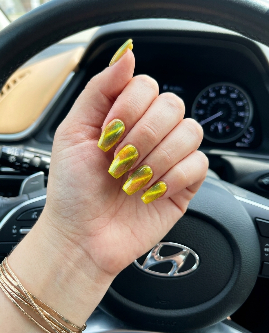 Radiant butter yellow medium coffin nails with a magnetic cat-eye shift in green, gold, and orange for summer 2026.
