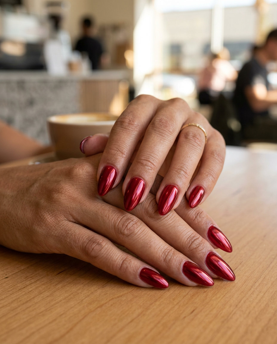Cherry Red Chrome Almond Nails 2026 Cherry red chrome almond nails, a glamorous summer nail manicure idea 2026.