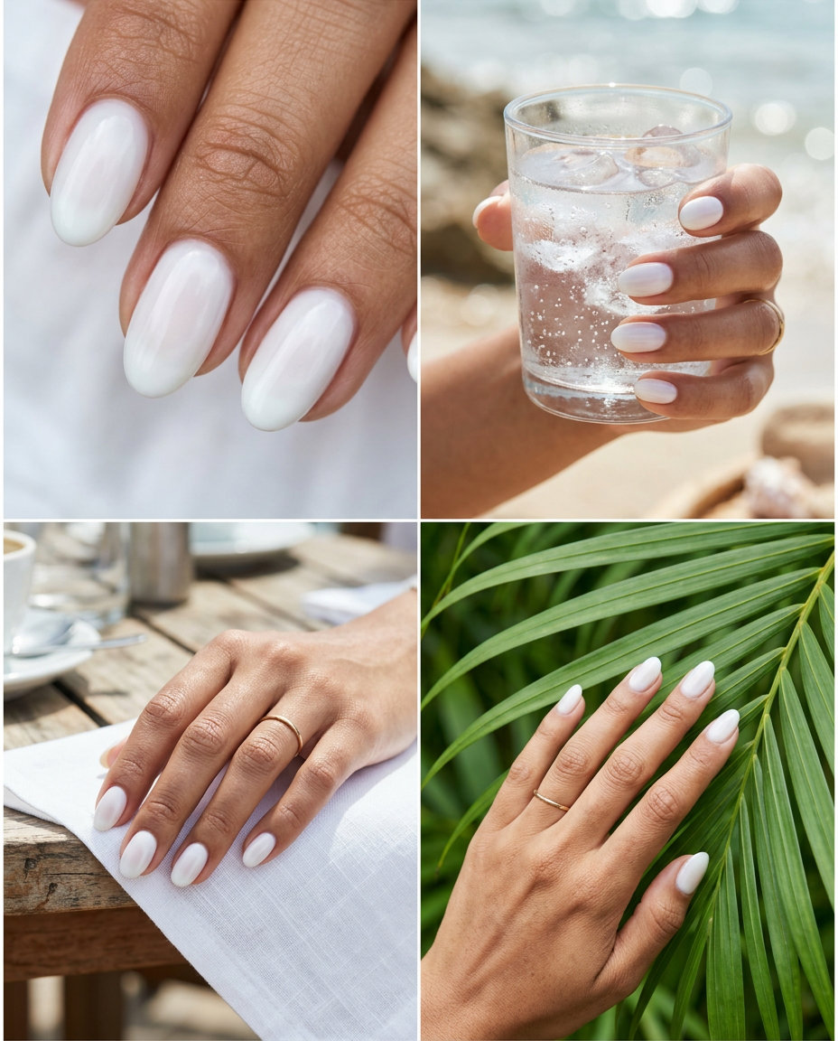 Dreamy Cloud Aura Nails 2026 Cloud Aura White: Ethereal milky white gradient nails for summer nail manicure ideas 2026.