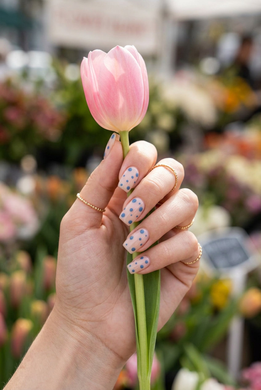 Playful Constellation Denim Dots 2026 Constellation Denim Dots: Playful matte denim blue dots on sheer base for summer nail manicure ideas 2026.
