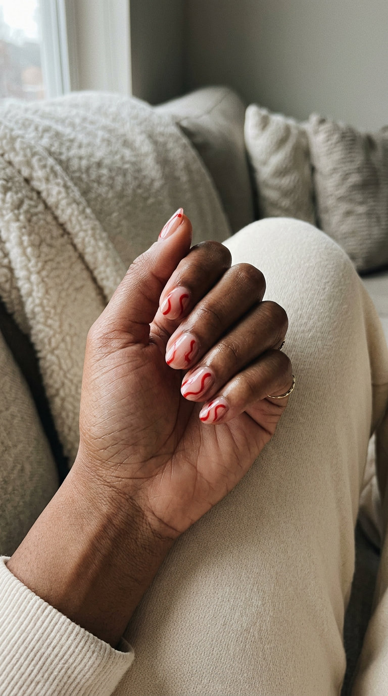 Romantic Crimson Swirls Nail Art 2026 Crimson Vine Swirls: Romantic nude base with abstract cherry red swirls for summer nail manicure ideas 2026.