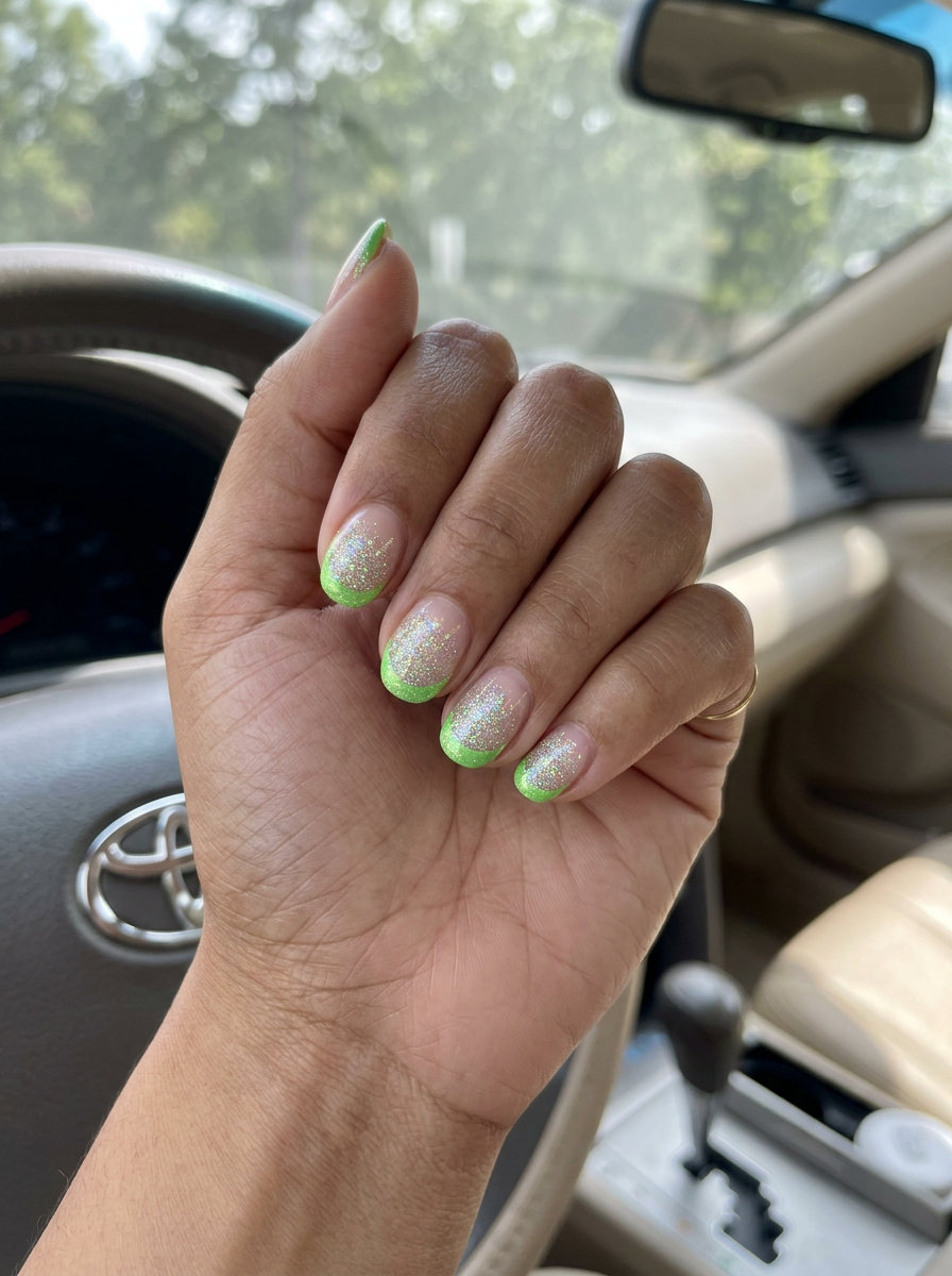 Electric Lime Glitter French Nails 2026 Bright lime green glitter French tip nails, a fun summer nail manicure idea 2026.