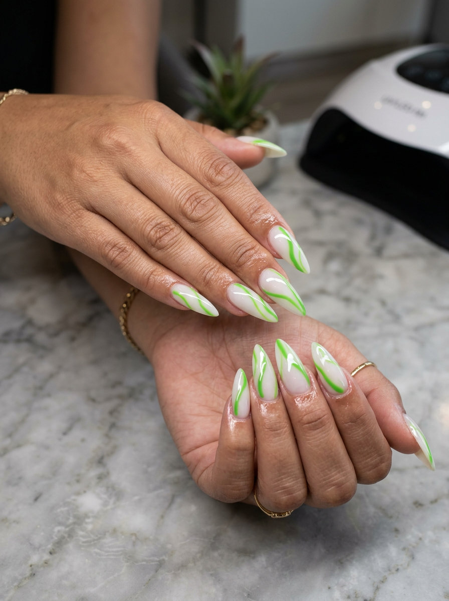 Electric lime green sketch lines stiletto nails, a bold summer nail manicure idea 2026.