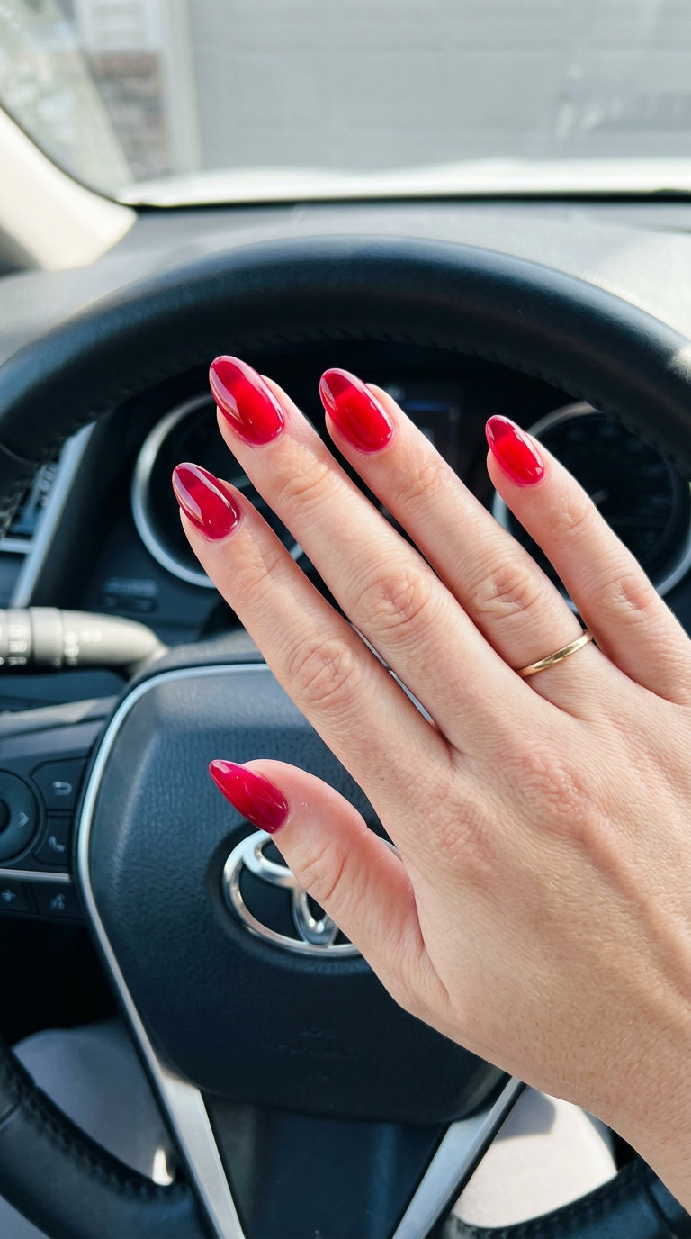 Sultry Cherry Jelly Nails 2026 Juicy Cherry Jelly Almond: Sultry translucent cherry red nails for summer nail manicure ideas 2026.