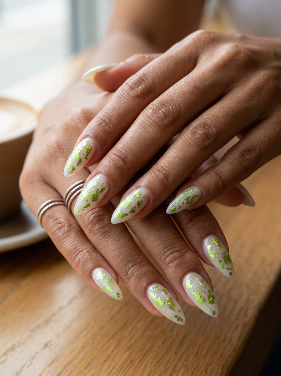 Lime Green Foil Flakes | Summer Nail Manicure Ideas 2026 Lime green foil flakes on sheer base: edgy summer nail manicure ideas 2026 for festivals.