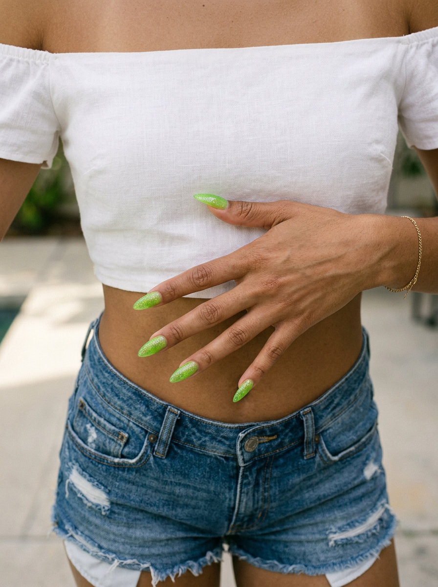 Lime Green Jelly Stilettos | Summer Nail Manicure Ideas 2026 Lime green jelly stiletto nails with holographic glitter: bold summer nail manicure ideas 2026 for festivals.