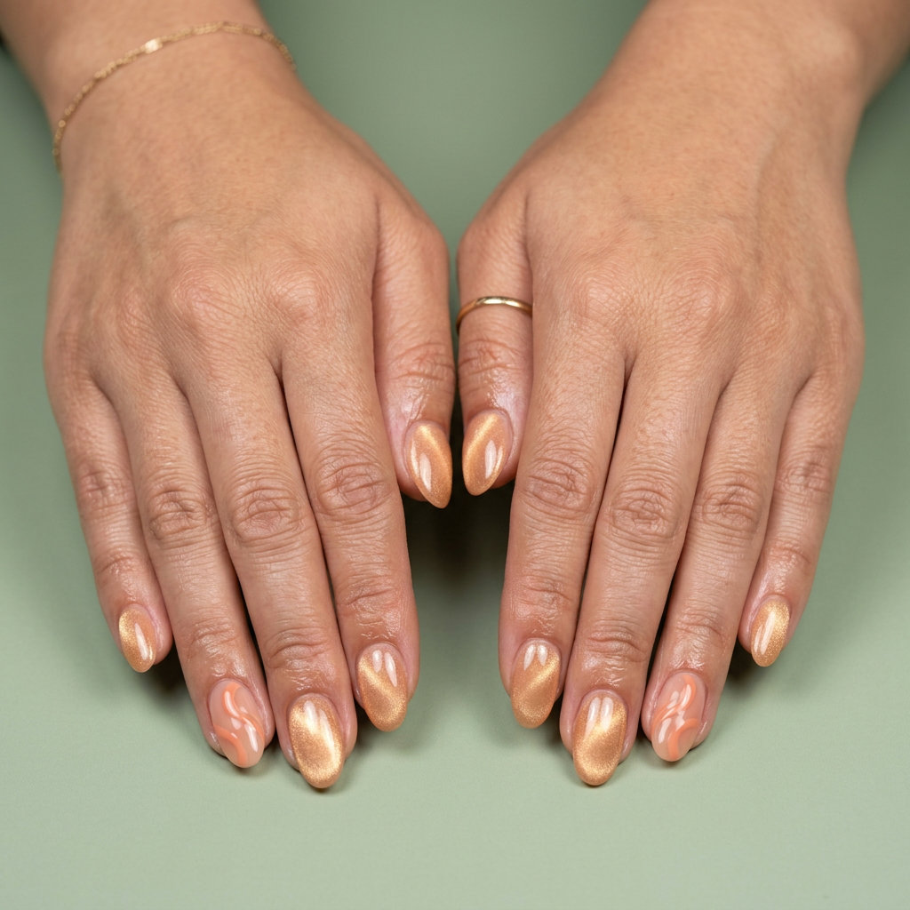 Mystic Peach Swirl Nails 2026 Mystic peach swirl almond nails with golden shimmer, a romantic summer nail manicure idea 2026.