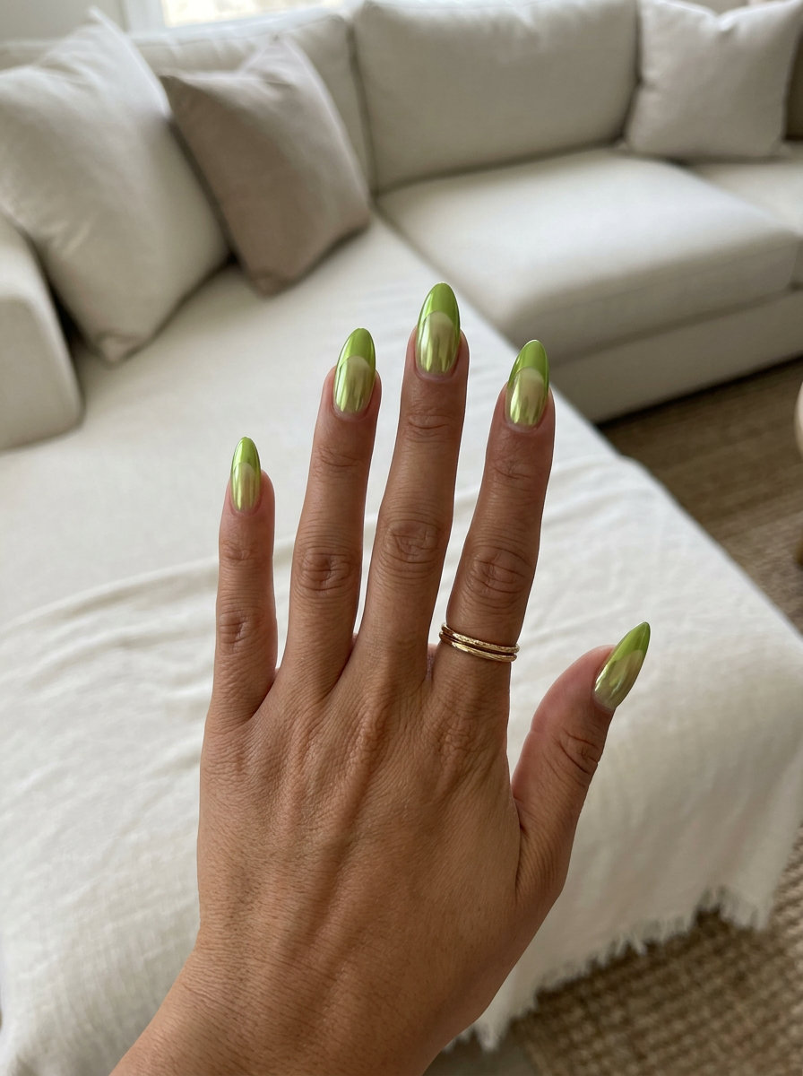 Futuristic Neon Chrome French 2026 Neon Chrome French: Futuristic lime green chrome tips on clear base for summer nail manicure ideas 2026.