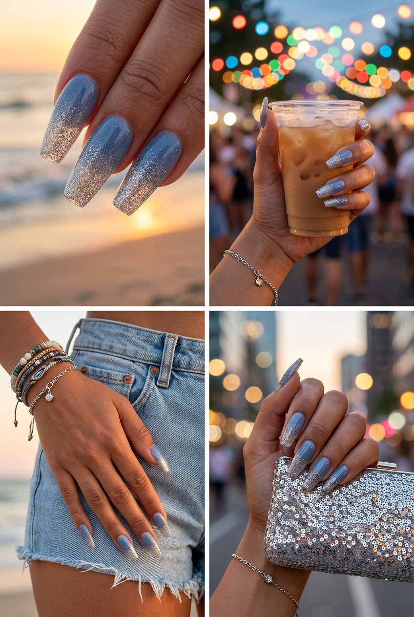 Glamorous Starry Night Nails 2026 Starry Night Denim: Glamorous sheer denim blue with silver glitter for summer nail manicure ideas 2026.