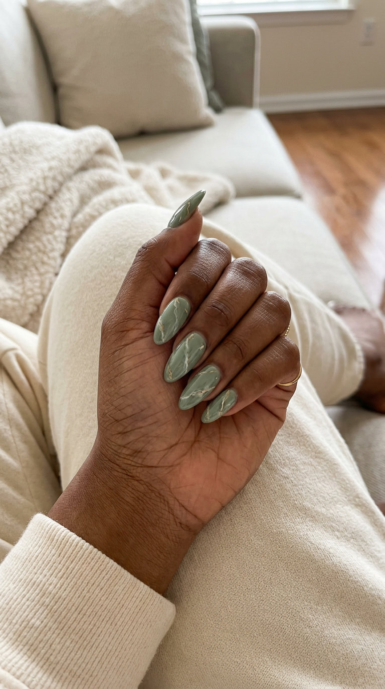 Sage Marble Nails 2026: Elegant Event Style Elegant sage green marble nails with gold foil for events 2026. Sophisticated style.