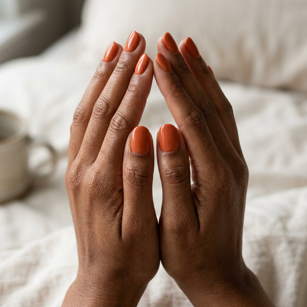 Terracotta Orange Nails 2026: Vacation & Brunch Style Juicy terracotta orange cream almond nails for summer vacation 2026. High-gloss finish.