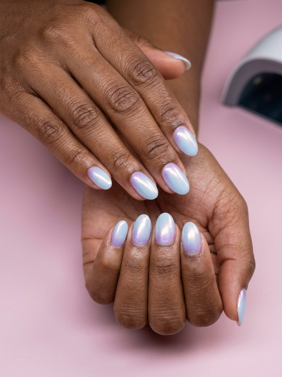 Baby Blue Aura Nails 2026: Romantic Summer Style Whimsical baby blue aura short oval nails for summer days 2026. Pearlescent shimmer.