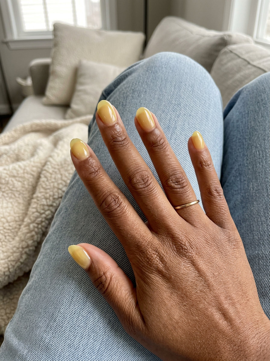 Buttercup Jelly Nails 2026 Buttercup yellow jelly nails with a high-gloss finish. Playful summer nails for brown skin tone 2026.