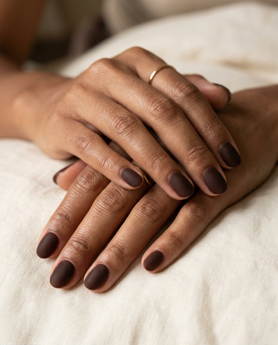 Chocolate Brown Velvet Nails 2026: Chic Daily Style Sophisticated chocolate brown velvet matte nails for daily wear 2026. Cozy, chic style.