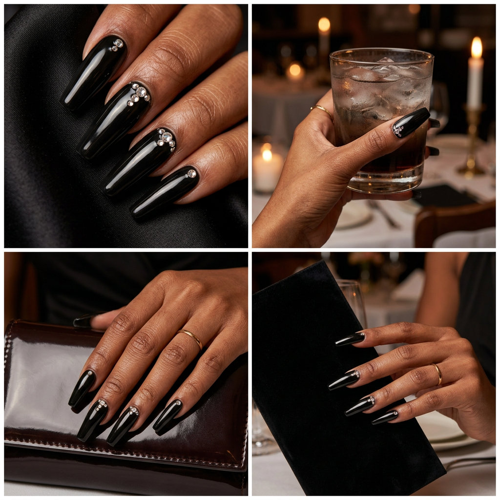 Glossy Black Diamond Nails 2026 for Parties Glossy black diamond glam nails for summer 2026, ideal for parties and cocktail hours.