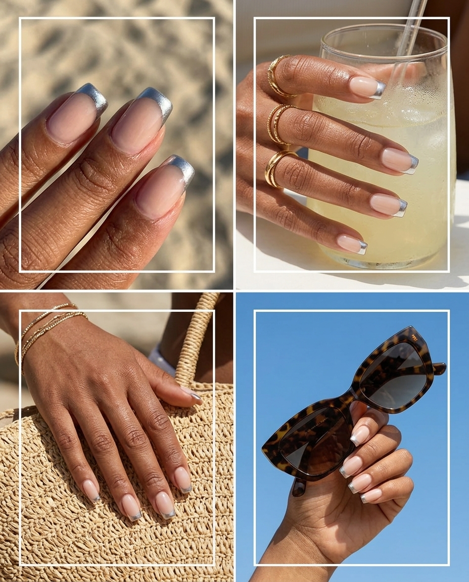 Silver Micro French Nails 2026 Silver micro French tip nails on a sheer nude base. Chic summer nails for brown skin tone 2026.