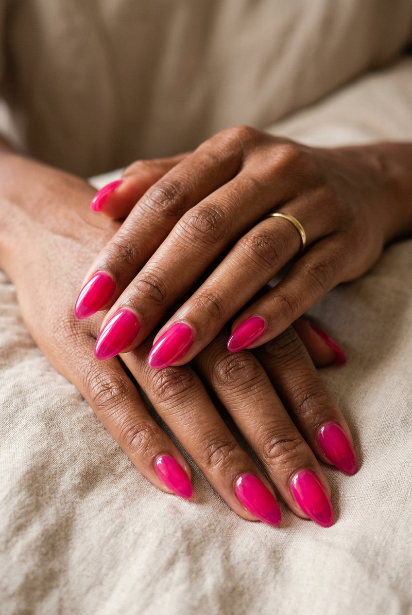 Bright Fuchsia Jelly Nails 2026: Summer Event Style Playful bright fuchsia jelly coffin nails for summer events 2026. Juicy, high-gloss finish.