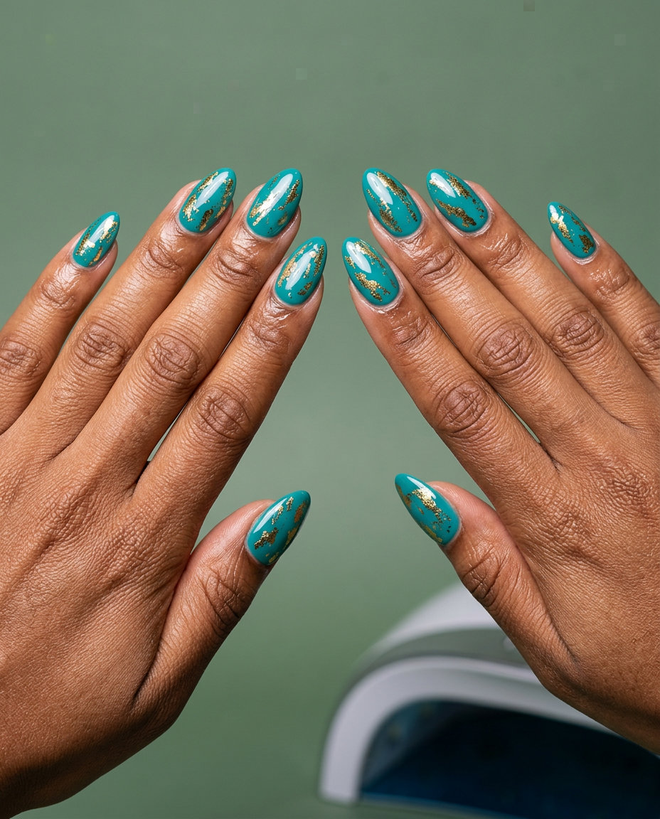 Teal Gold Foil Nails 2026 Teal gold foil accent nails for summer nails for brown skin tone 2026. Luxurious, contrasting, glossy.
