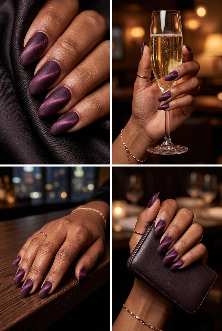 Plum Velvet Cat-Eye Nails 2026 for Date Night Plum velvet matte cat-eye nails for summer 2026, perfect for date night or evening events.
