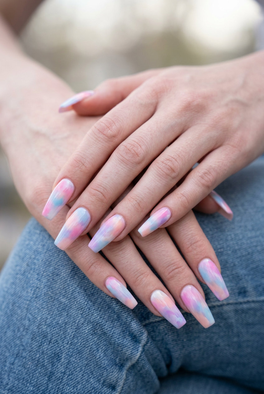 Abstract watercolor pastel nails for summer 2026, perfect for festivals and creative events. Dreamy blend of pink, blue, lavender, peach.