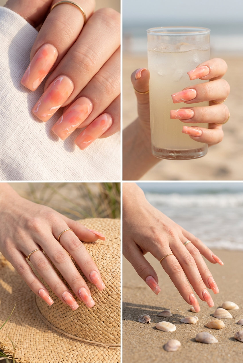 Soft coral watercolor wash nails on extra-long square shape, artistic summer nails for pale skin 2026.