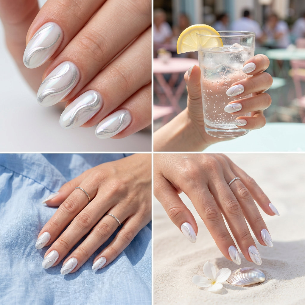 Milky white nails with silver chrome swirls, futuristic summer nails for pale skin 2026.