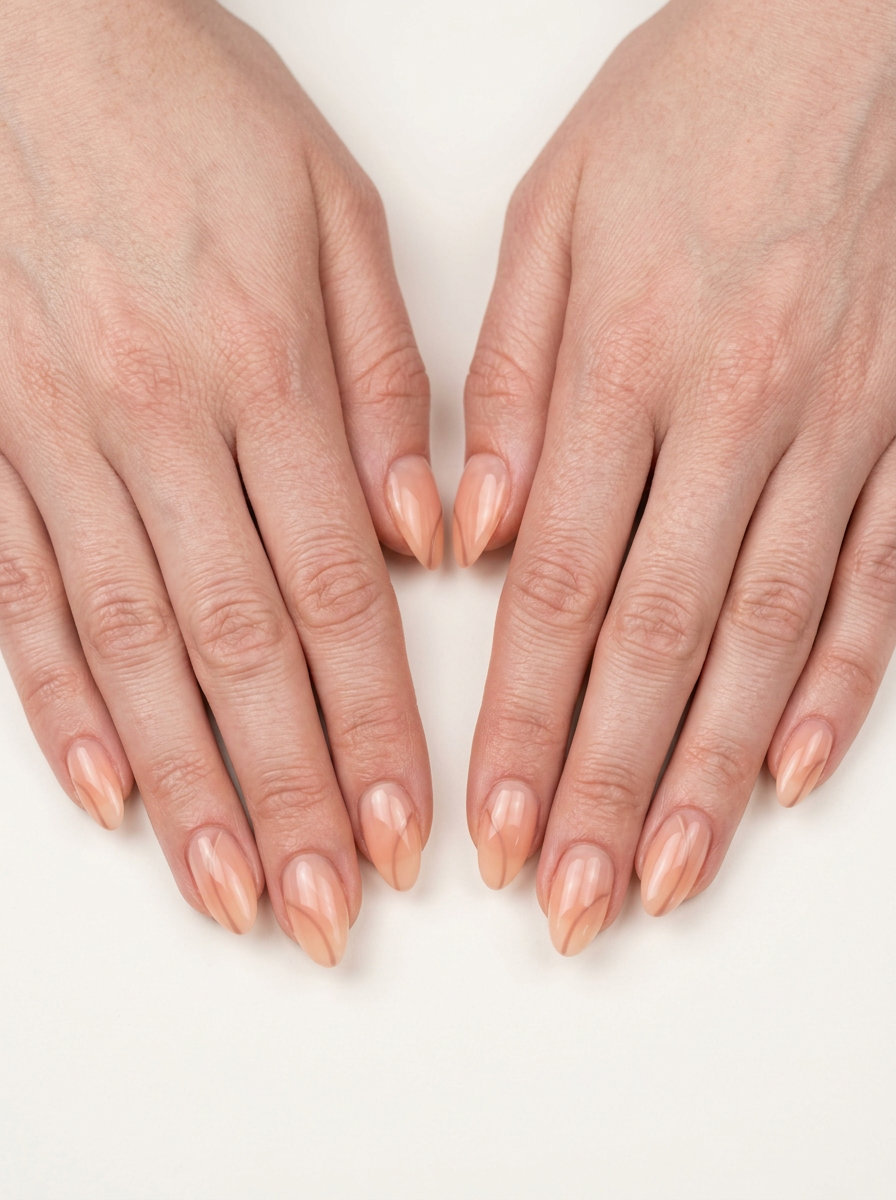 Sheer Peach Brushstrokes nails for pale skin 2026: sheer peach with abstract nude lines. Minimalist, artistic, daily.