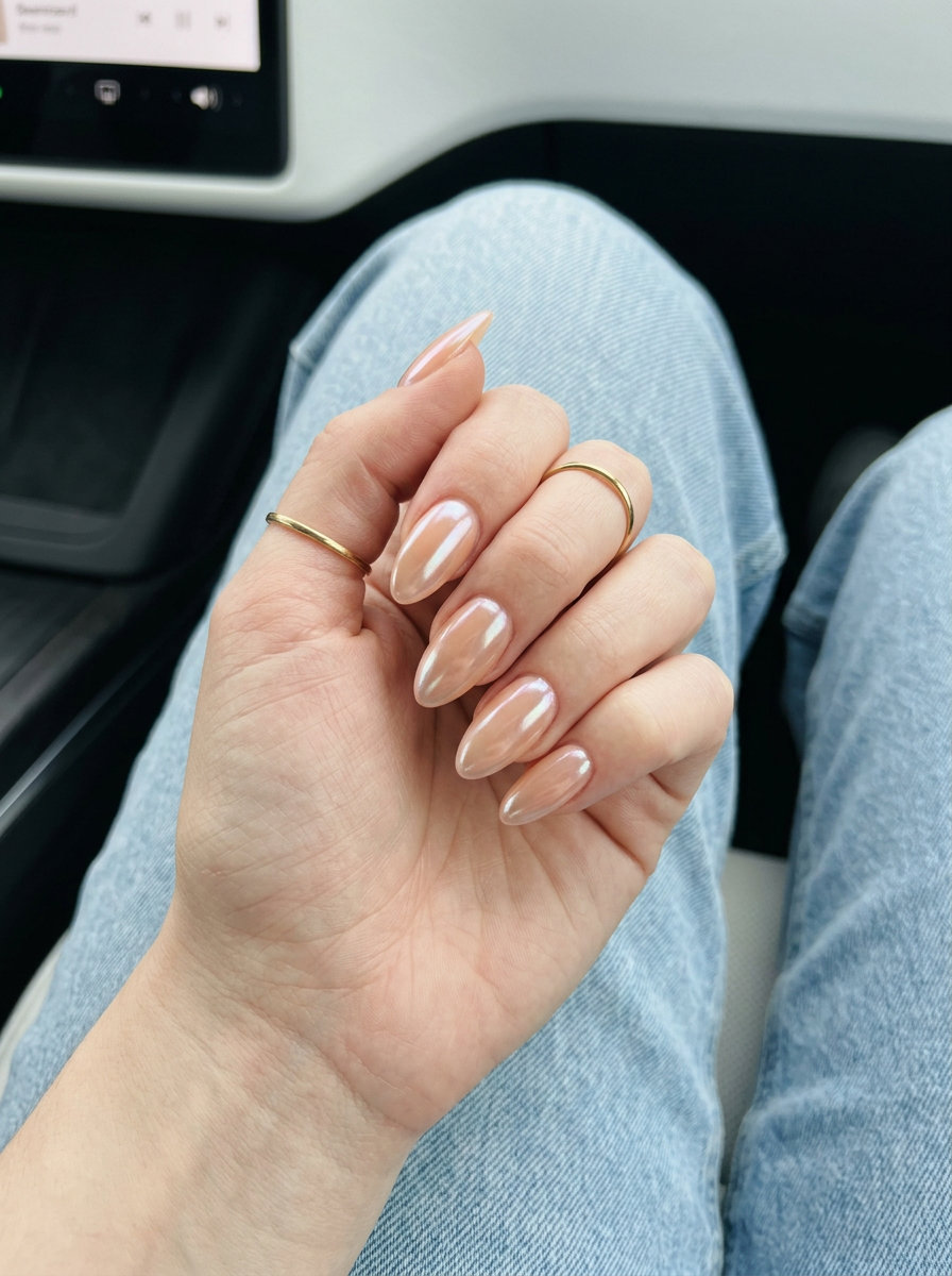 Sheer peach glazed donut nails on long almond shape, romantic summer nails for pale skin 2026.