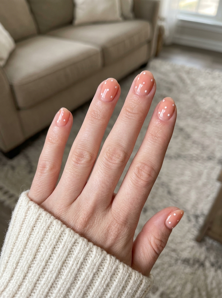 Sheer Peach Seed Dot Delight nails for pale skin 2026: sheer peach with scattered white dots. Casual, everyday, vacation.