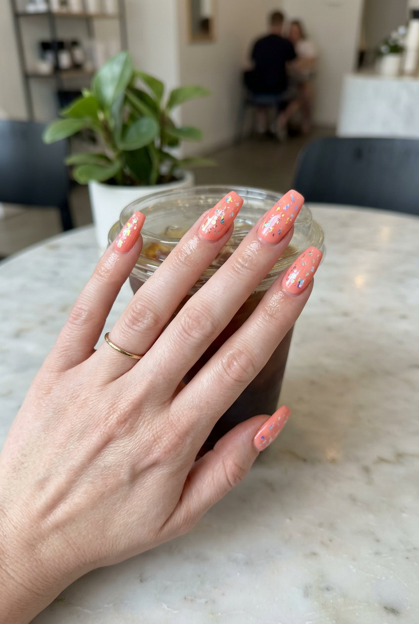 Soft coral nails with iridescent foil flakes, a glamorous option for summer nails for pale skin 2026 parties.