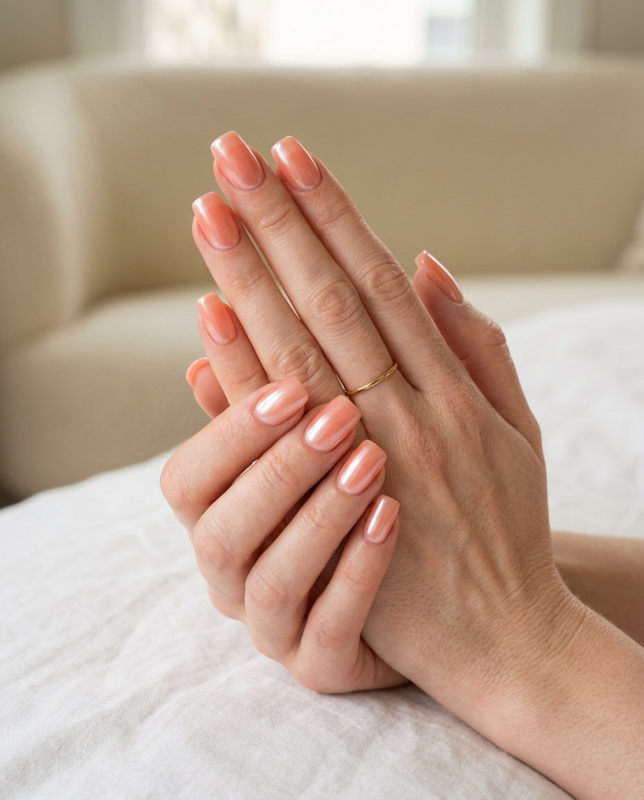 Soft coral glazed donut nails on medium soft square shape, luminous summer nails for pale skin 2026.