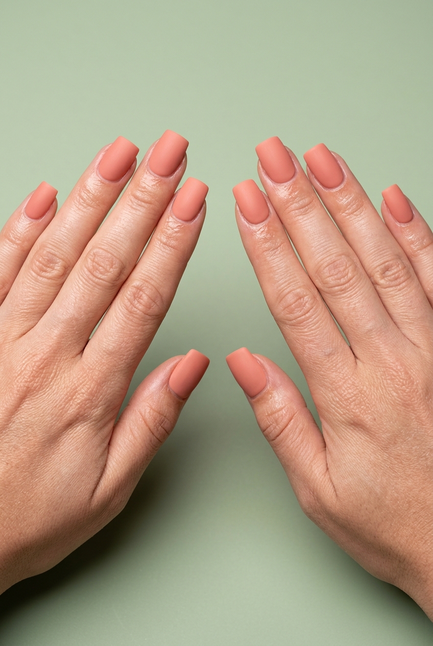 Soft Coral Velvet Matte nails for pale skin 2026: muted soft coral with luxurious velvet matte finish. Daily, casual chic.