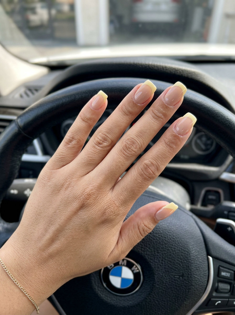 Summer Nails Square Medium 2026: Butter Yellow Micro French Butter Yellow Creamy Micro French nails: opaque tip on sheer nude, medium square for casual days.