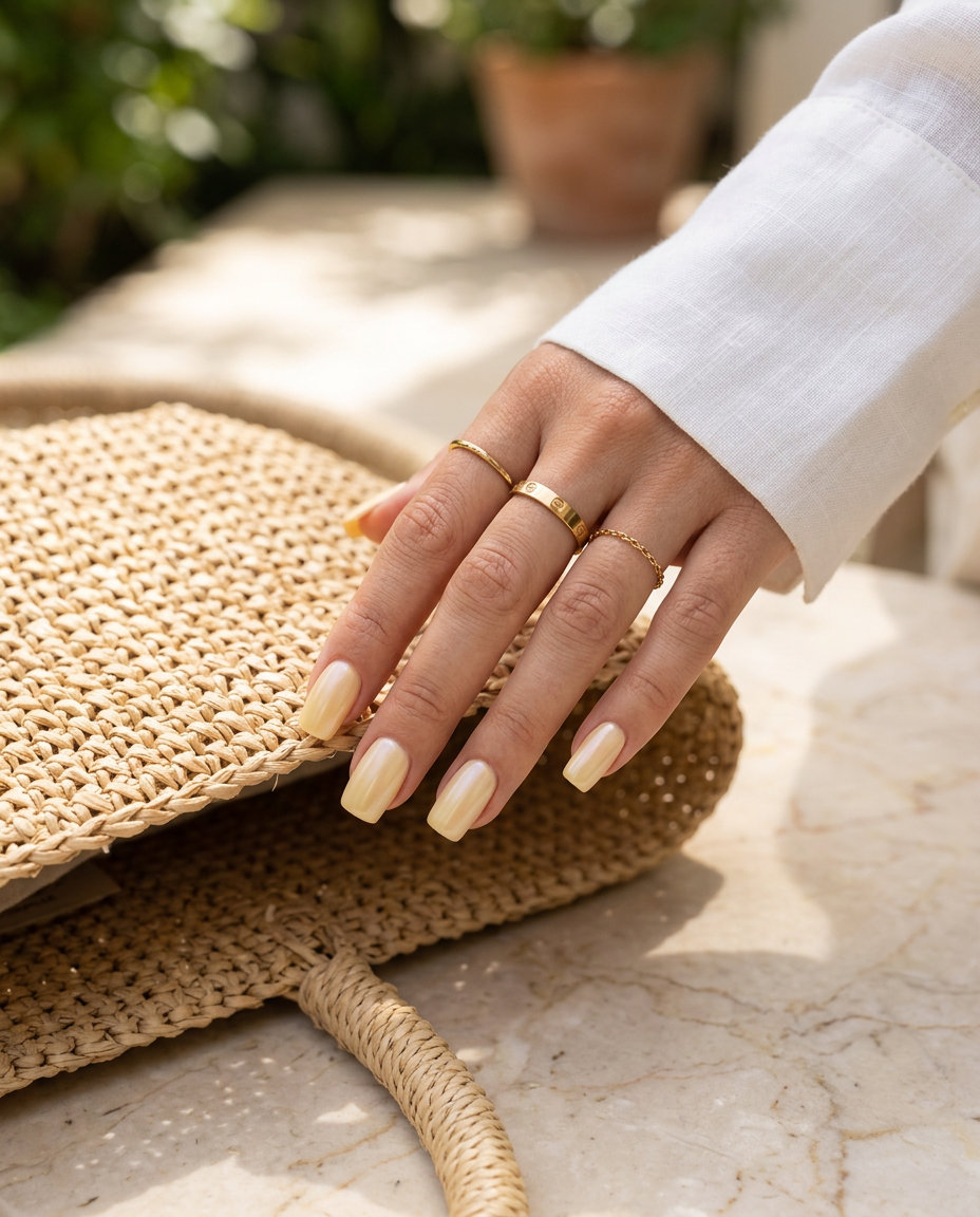 Buttery Glazed Summer Haze nails: creamy butter yellow with pearlescent glaze, medium square shape for vacation.