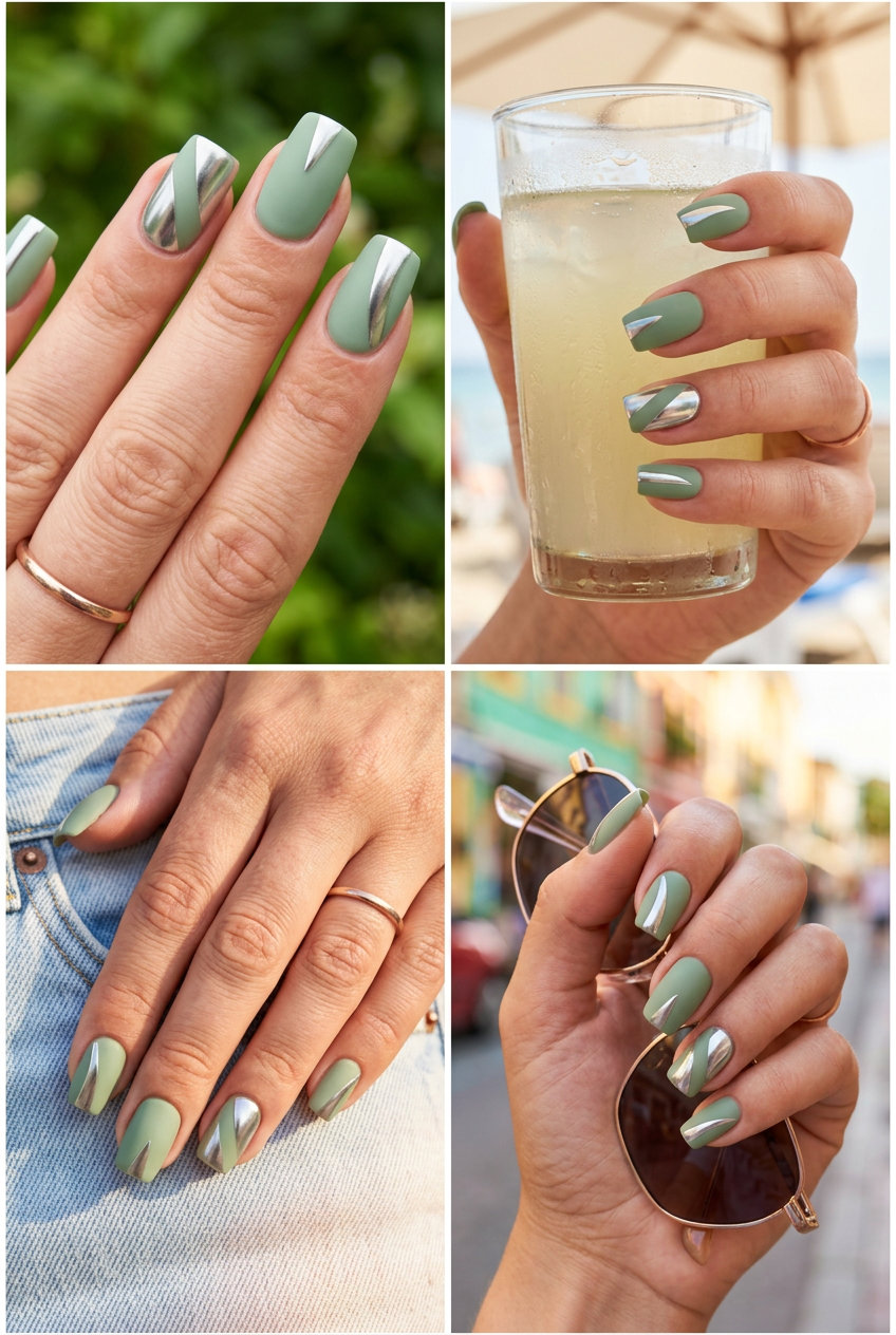 Chrome Sage Accent Nails - Summer Nails Square Medium 2026 Modern chrome sage accents square nails for a futuristic summer party look 2026.