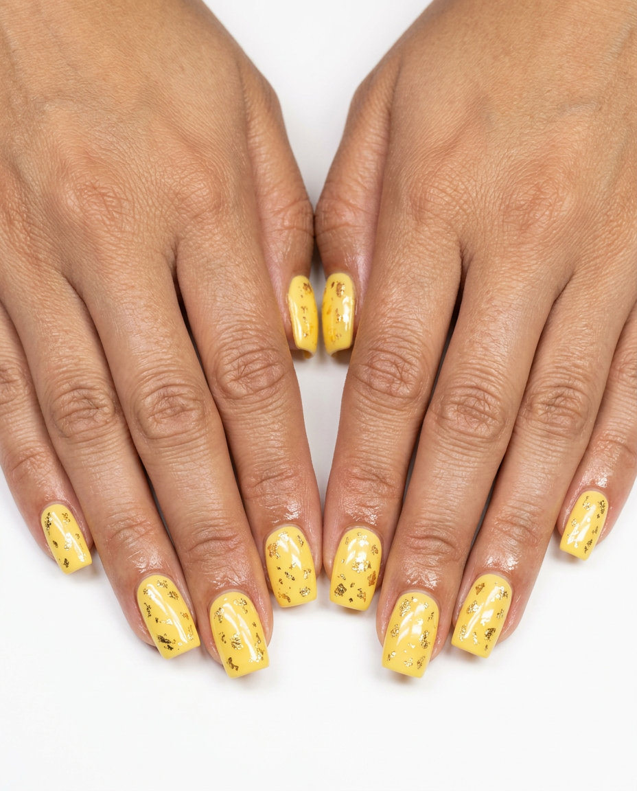 Golden Foil Butter Nails 2026 Golden Foil Butter: Medium square nails in butter yellow with scattered gold foil flakes. Summer nails square medium 2026.