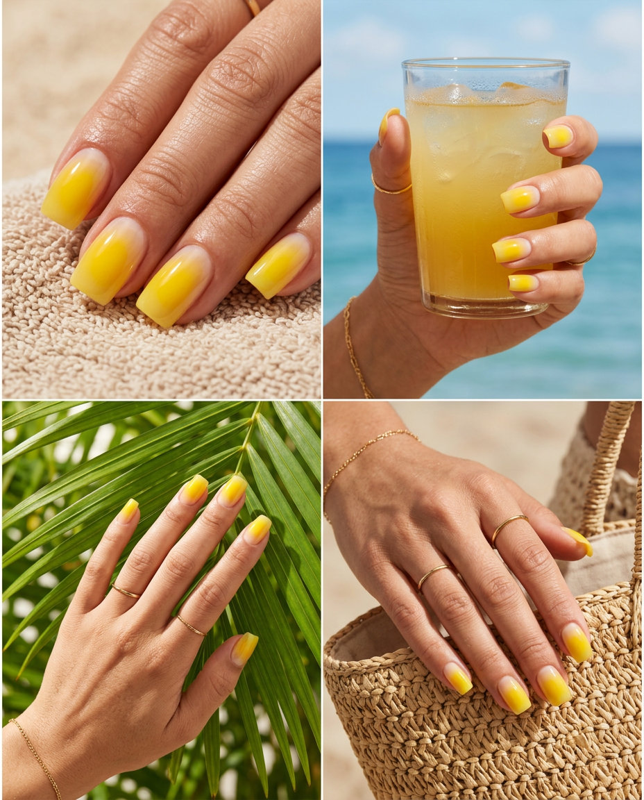 Golden Hour Aura Nails 2026 Golden Hour Aura Square: Medium square nails with sheer base and diffused bright yellow aura effect. Summer nails square medium 2026.