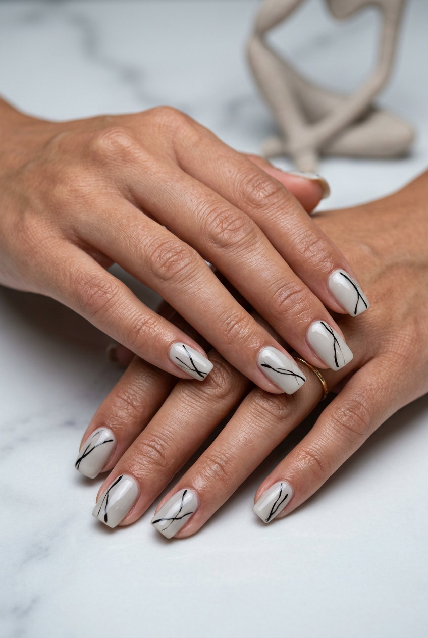 Summer Nails Square Medium 2026: Grey Abstract Lines Light Grey Abstract Lines Square nails: opaque grey with black lines, modern for art galleries.